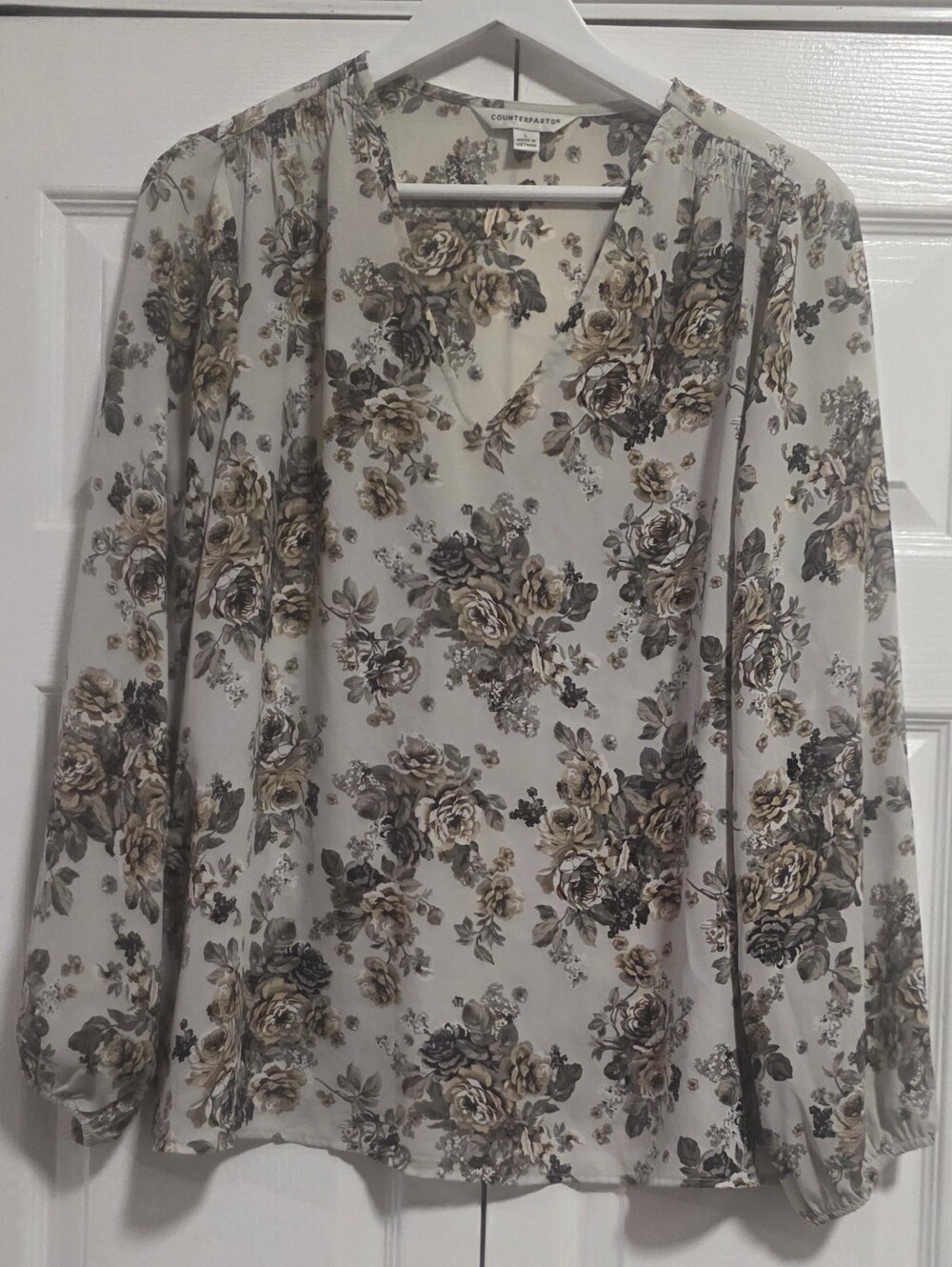 Counterparts Floral V-Neck Long Sleeve Blouse in Cream and Brown